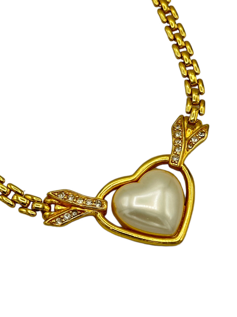 Trifari Gold Necklace with Large Pearl Heart Pendant