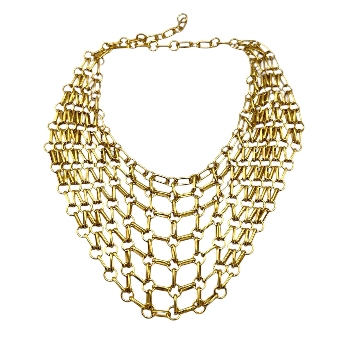 Bright Gold Tone Chain Maille Bib Necklace Matching Earrings Set