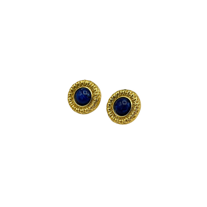 Trifari Vintage Jewelry Gold Round Blue Cabochon Pierced Earrings