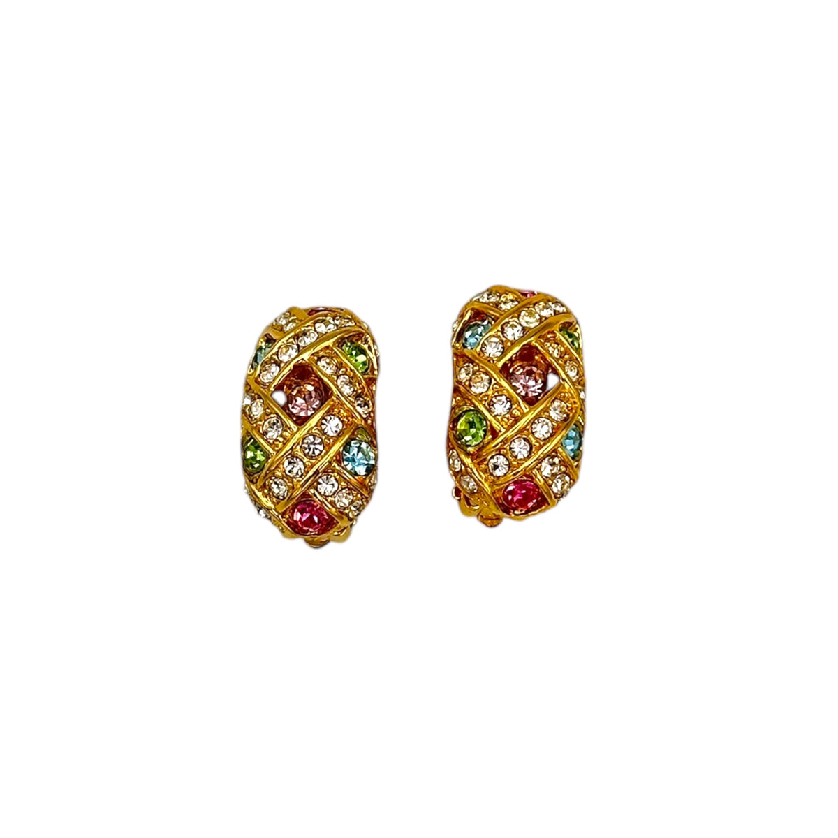 Joan Rivers Basket Weave Pastel Rhinestone Half Hoop Vintage Clip-On Earrings