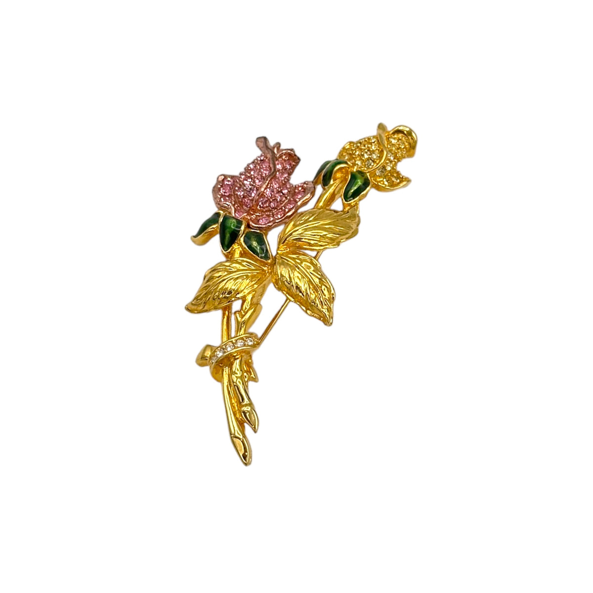 Nolan Miller Pink & Yellow Pave Rhinestone Rose Flower Brooch