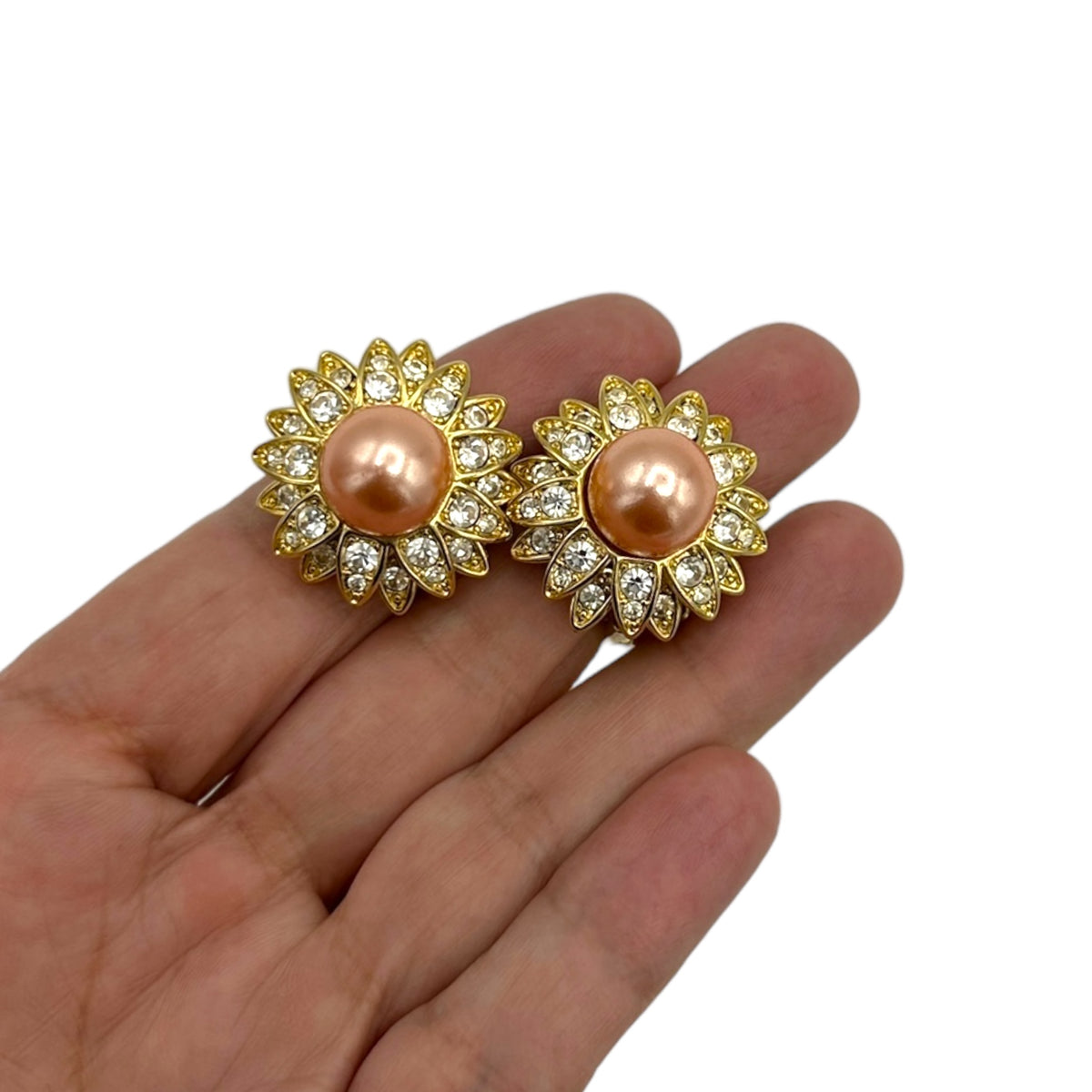 Joan Rivers Vintage Jewelry Layered Gold Flower Pink Pearl Clip-On Earrings