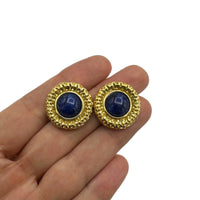 Trifari Vintage Jewelry Gold Round Blue Cabochon Pierced Earrings