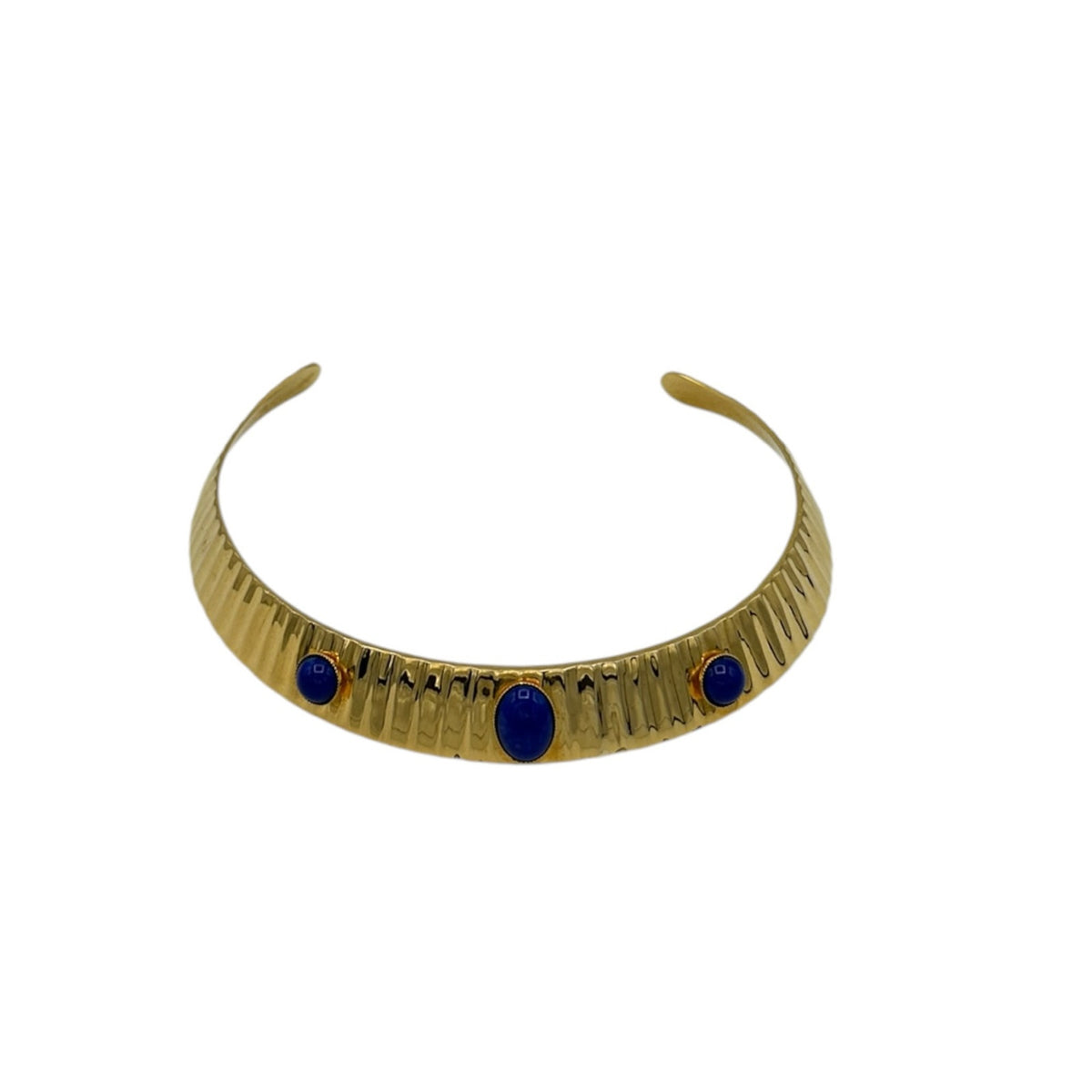 Vintage Gold Brass Choker with Blue Glass Cabochon Accents