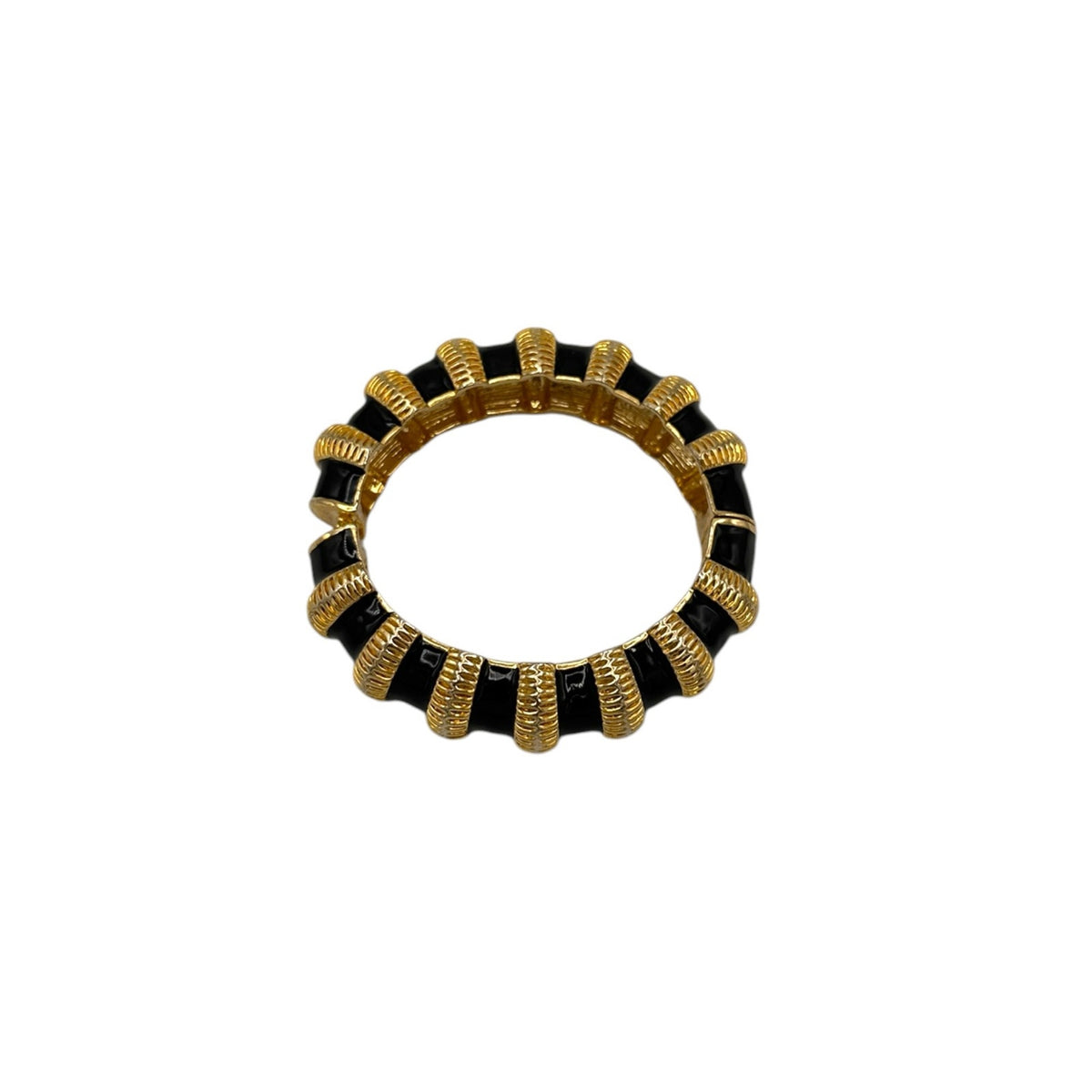 Vintage Chunky Gold Black Enamel Ribbed Hinged Bangle Bracelet
