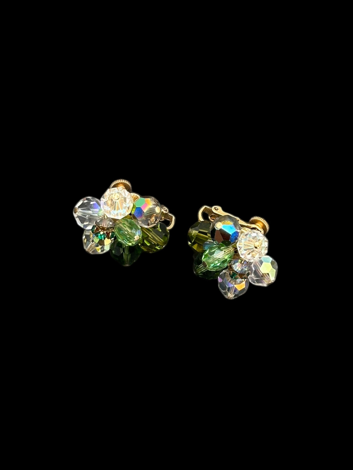 Vendome Green Faceted Crystal Cluster Vintage Clip-On Earrings