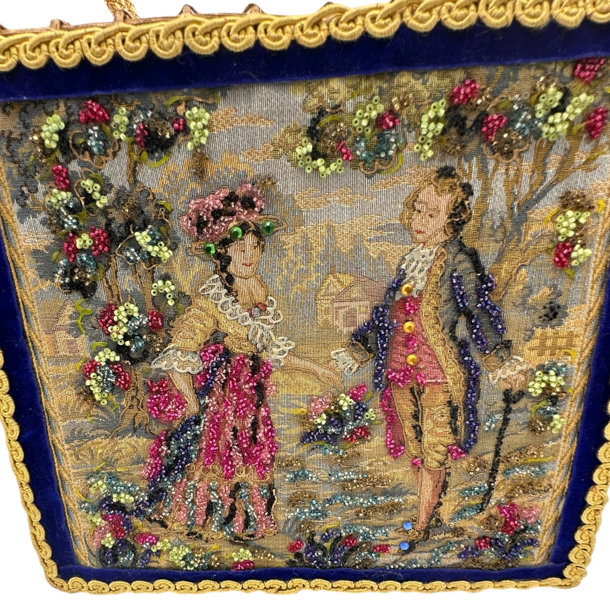 Midas of Miami Gold Wicker Tapestry Handbag Courting Couple