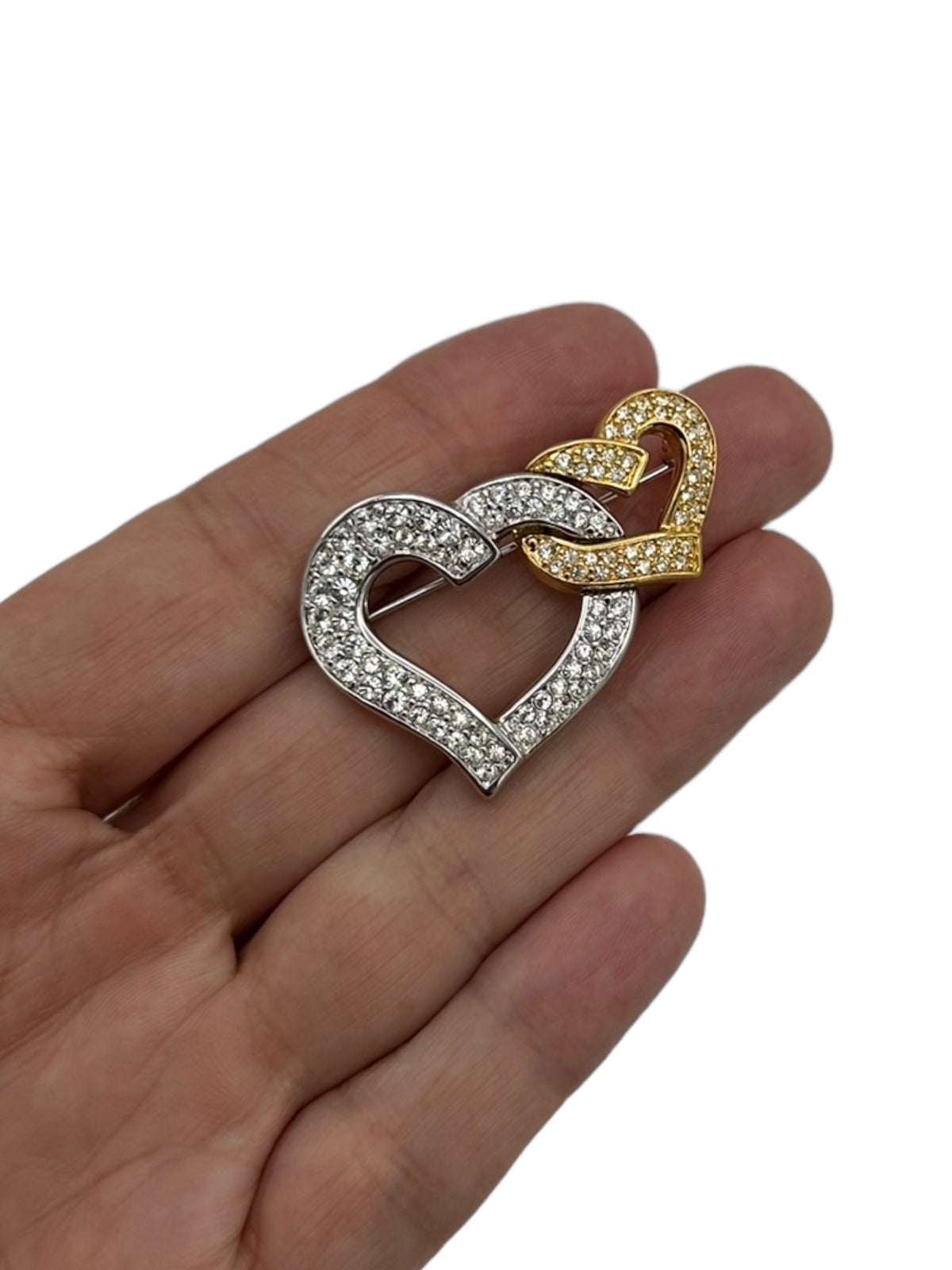 Swarovski Mixed Metals Silver & Gold Pave Crystal Double Heart Brooch