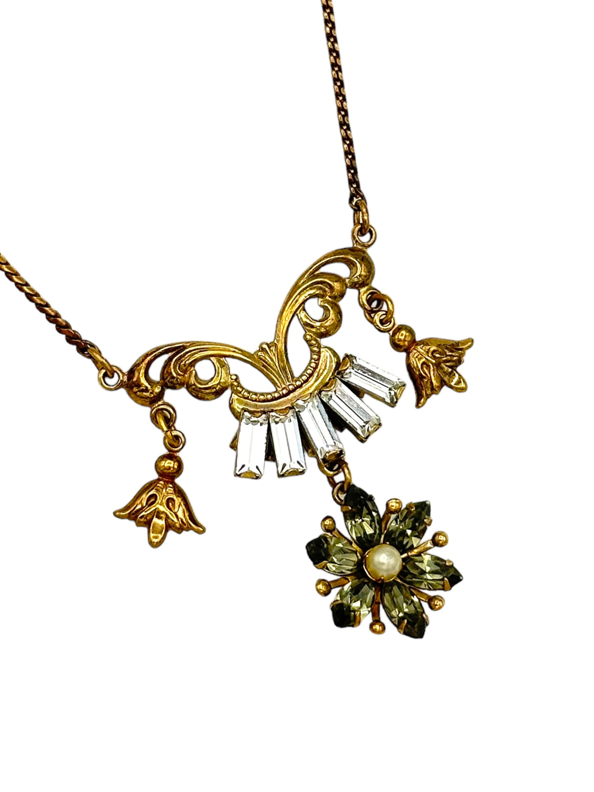 Gold Filled Amco Victorian Revival Rhinestone Flower Dangle Pendant