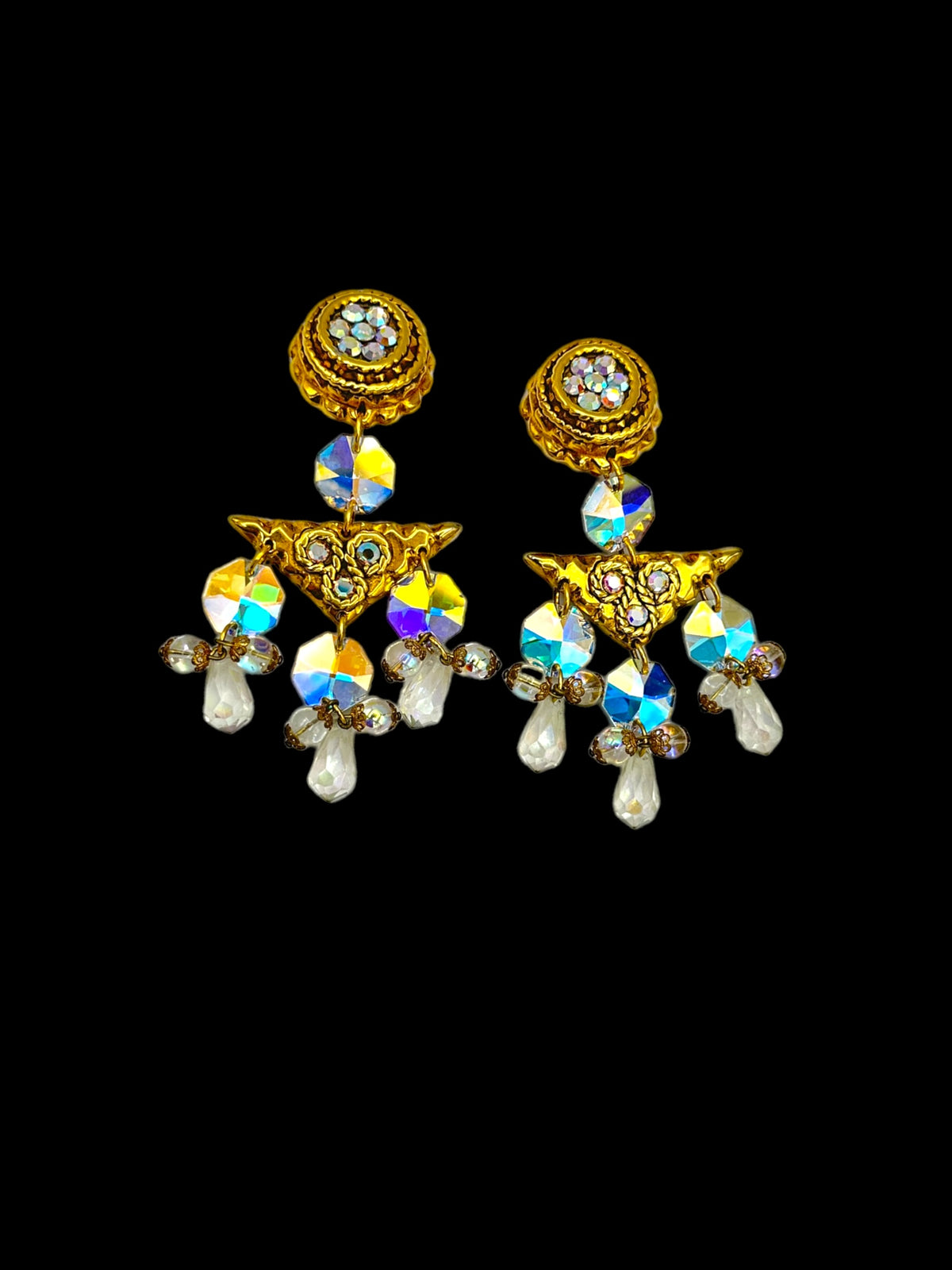 Couture Runway Gold Chandelier Crystal Vintage Clip-On Statement Earrings