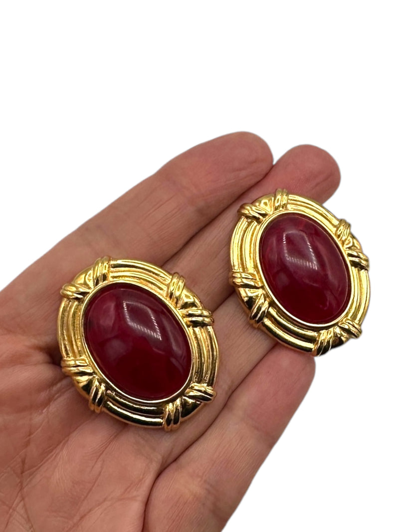 Kenneth Jay Lane KJL Gold Large Oval Red Cabochon Vintage Clip-On Earrings