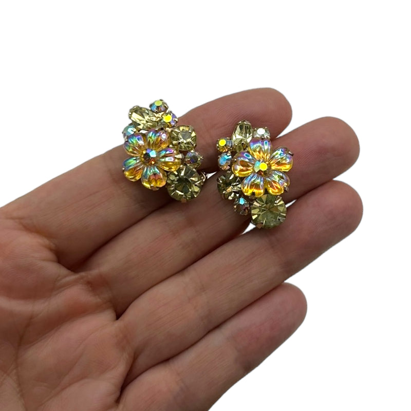 Yellow Flower Rhinestone Floral Cluster Vintage Clip-On Earrings