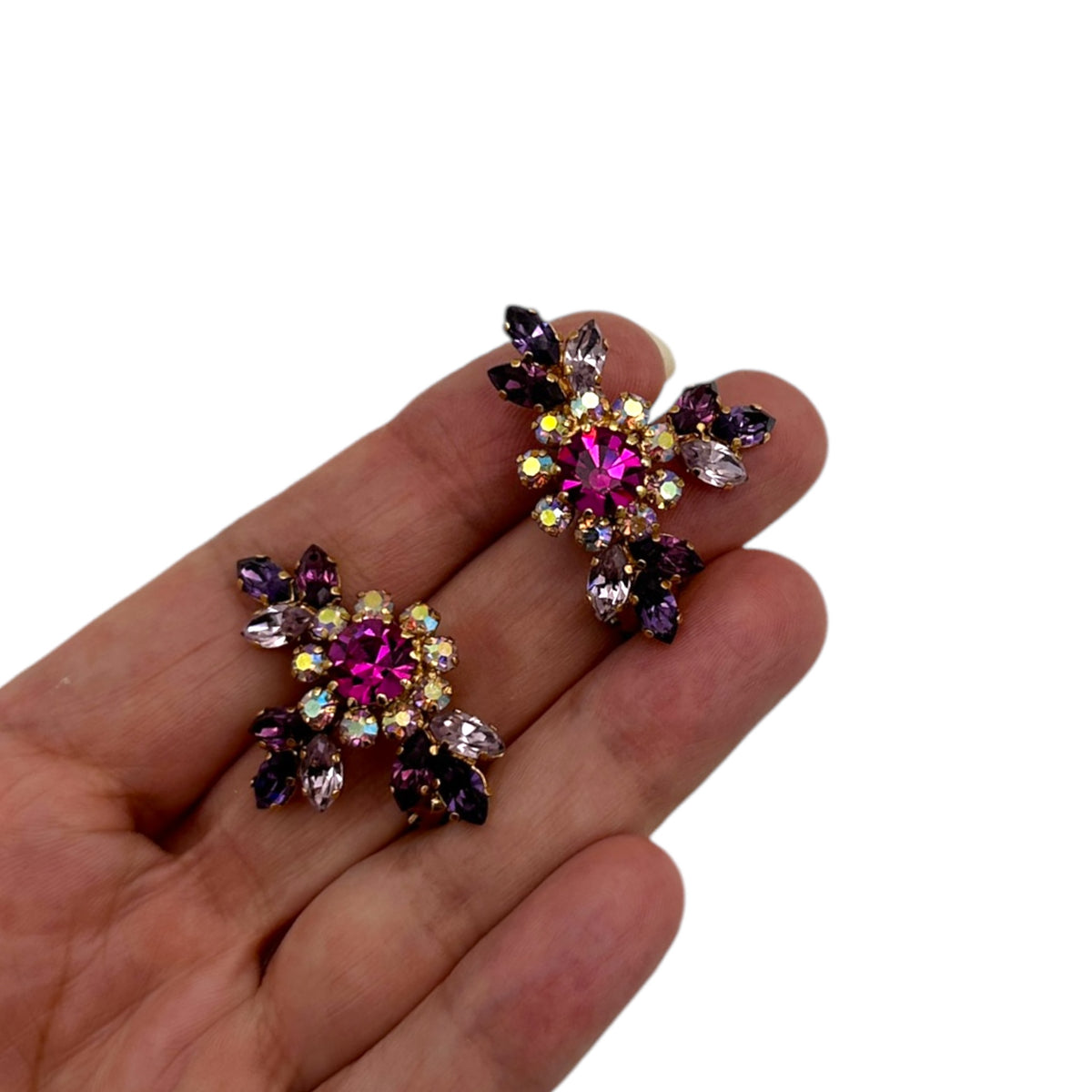 Austria Pink & Purple Floral Crawler Vintage Clip-On Earrings