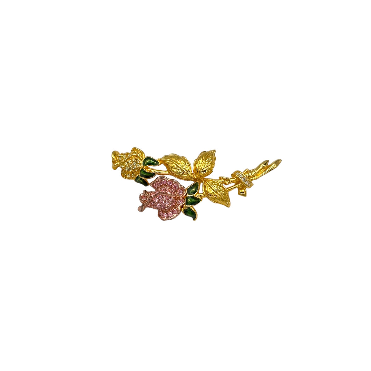 Nolan Miller Pink & Yellow Pave Rhinestone Rose Flower Brooch