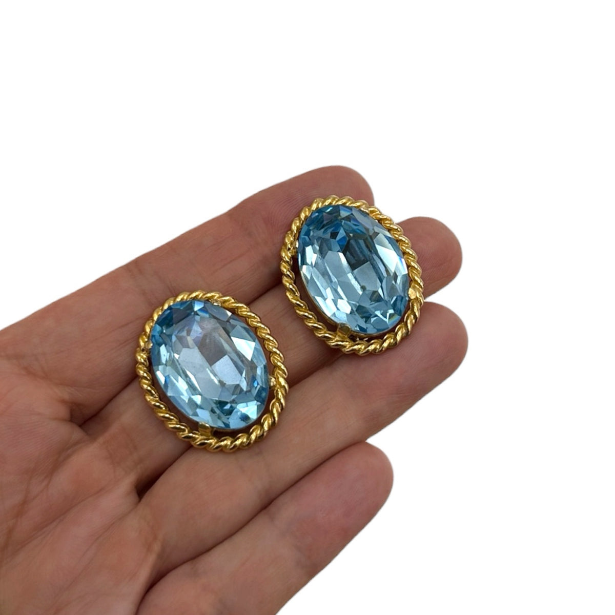 Ciner Gold Frame Light Blue Faceted Crystal Clip-On Earrings