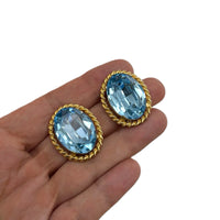 Ciner Gold Frame Light Blue Faceted Crystal Clip-On Earrings