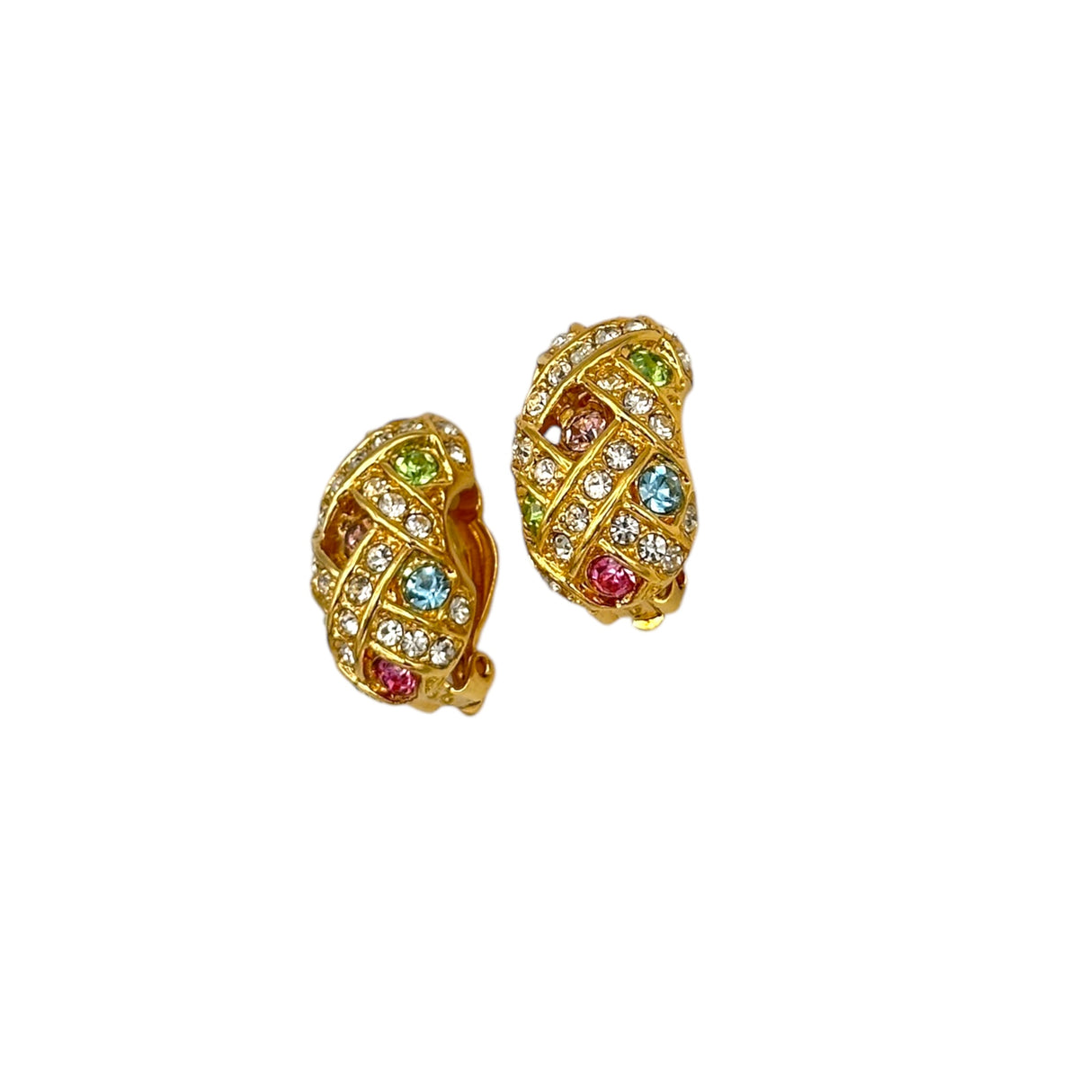 Joan Rivers Basket Weave Pastel Rhinestone Half Hoop Vintage Clip-On Earrings