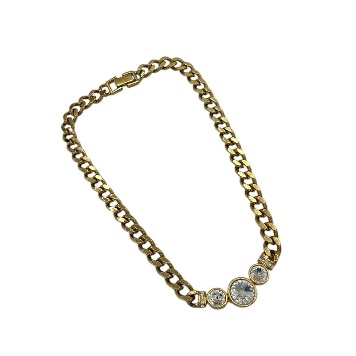 Vintage Gold Cuban Link Chain Necklace with Rhinestones