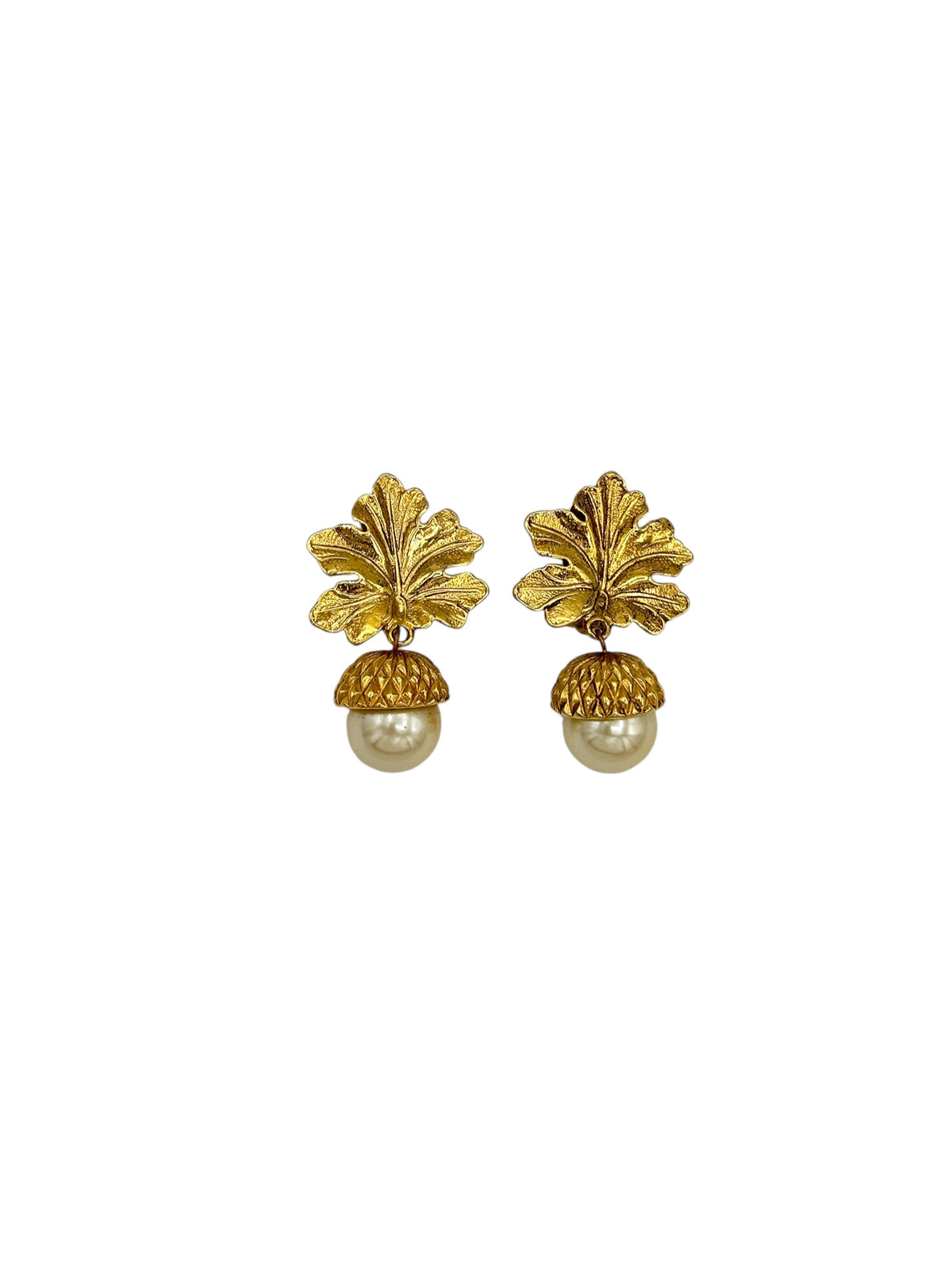 Carolee Gold Leaf & Pearl Bead Dangle Acorn Clip-On Statement Earrings