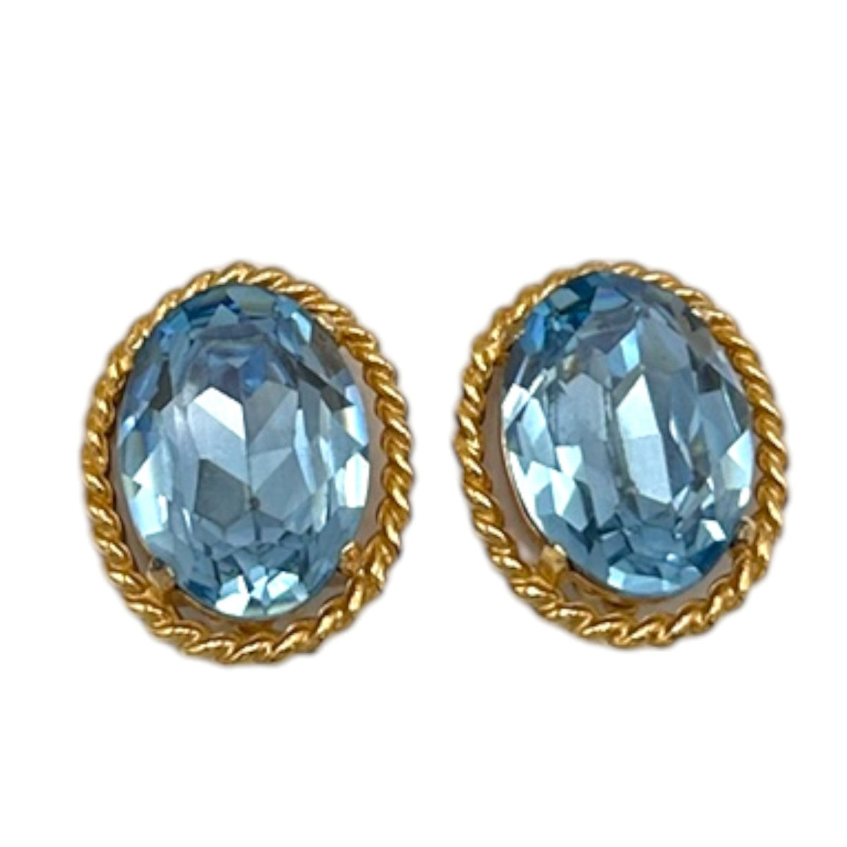 Ciner Gold Frame Light Blue Faceted Crystal Clip-On Earrings