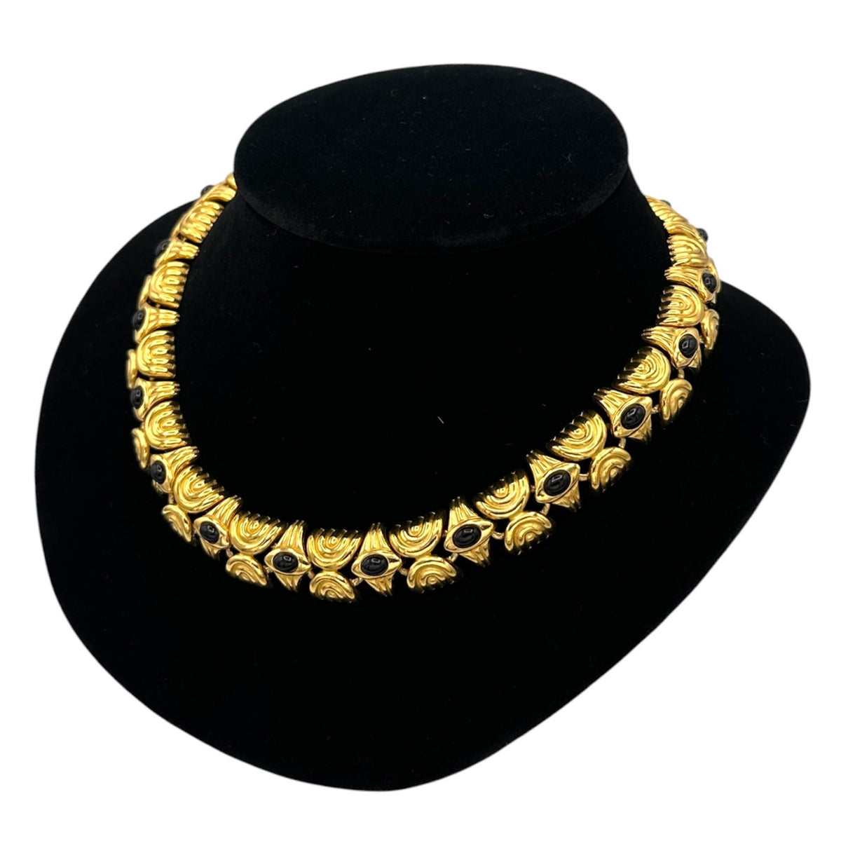 Vintage Gold Textured Link Black Cabochon Collar Necklace