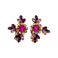 Austria Pink & Purple Floral Crawler Vintage Clip-On Earrings