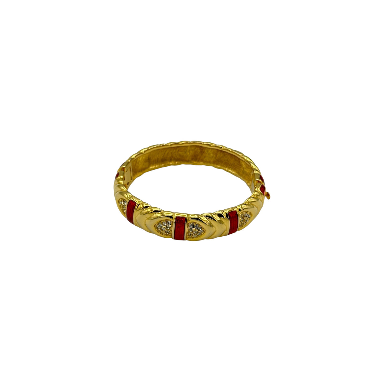 Joan Rivers Gold Red Enamel & Rhinestone Hinged Bangle Bracelet