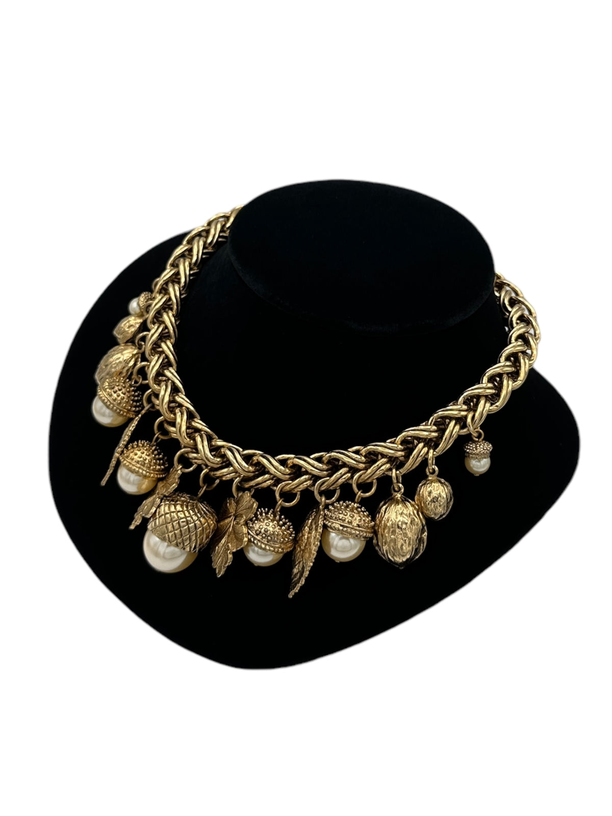 Statement Gold Leaf & Acorn Charm Necklace