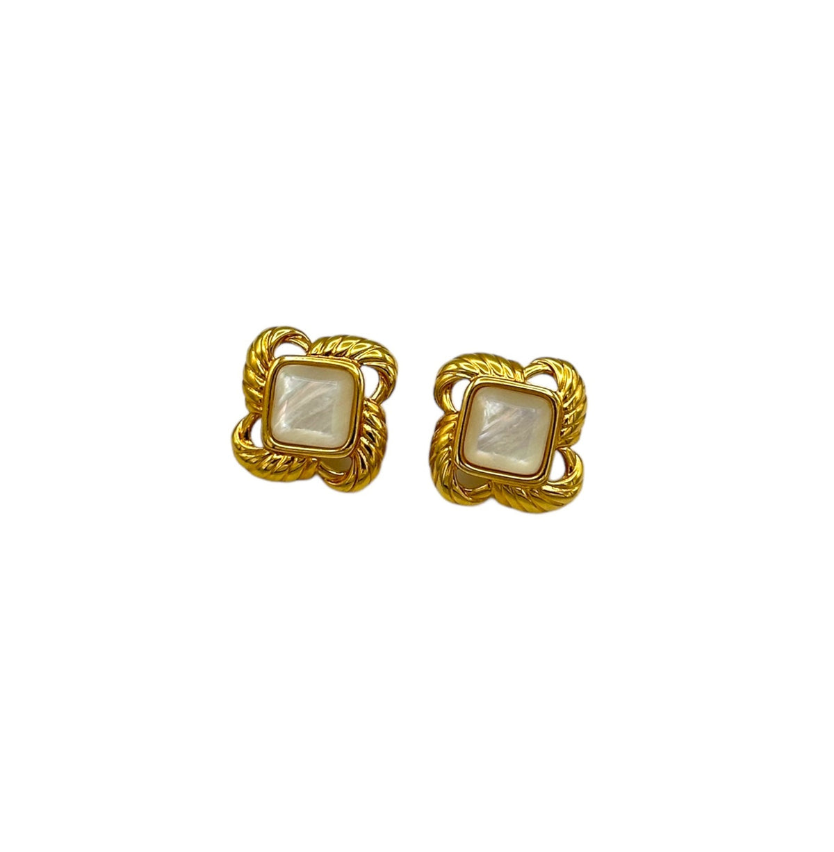 Monet Vintage Gold Jewelry Square Opalescent Cabochon Statement Pierced Earrings