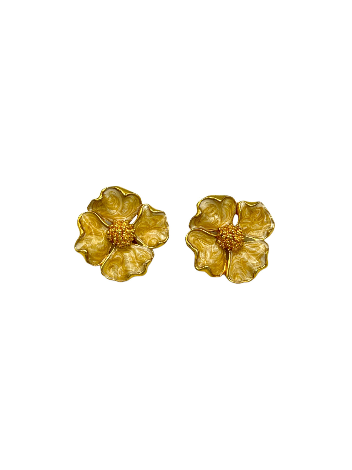 Golden Enamel Large Dogwood Flower Vintage Clip-On Earrings