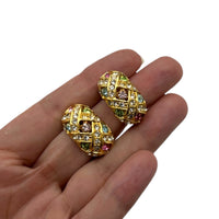 Joan Rivers Basket Weave Pastel Rhinestone Half Hoop Vintage Clip-On Earrings