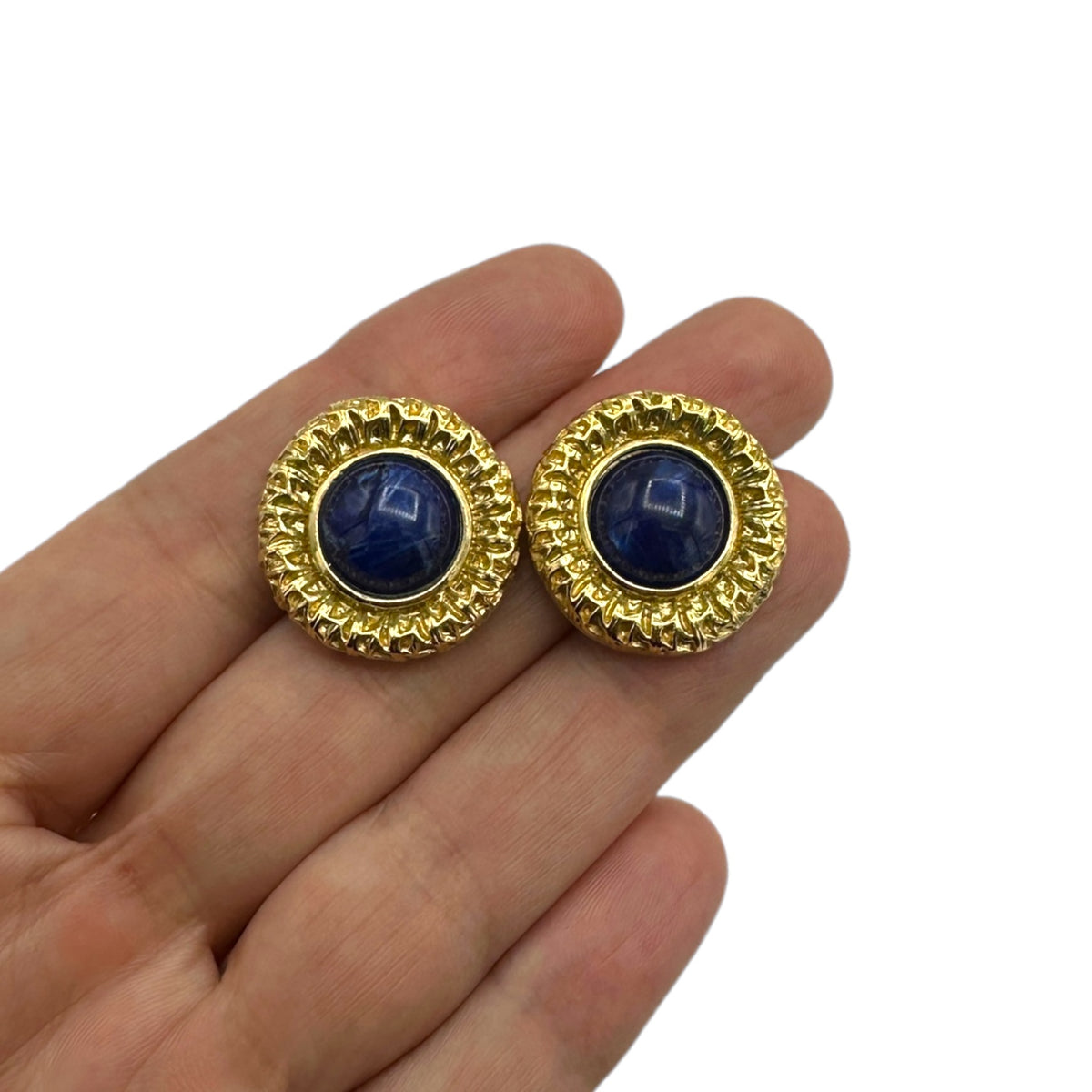 Trifari Vintage Jewelry Gold Round Blue Cabochon Pierced Earrings