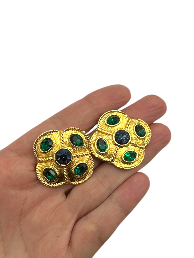 Napier Byzantium Jewel Color Rhinestone Gold Quatrefoil Clip-on Earrings