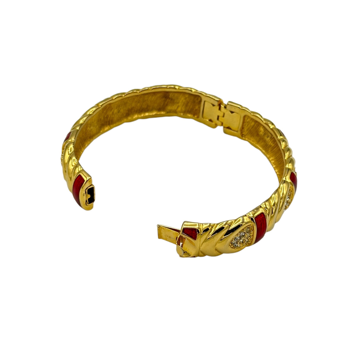 Joan Rivers Gold Red Enamel & Rhinestone Hinged Bangle Bracelet