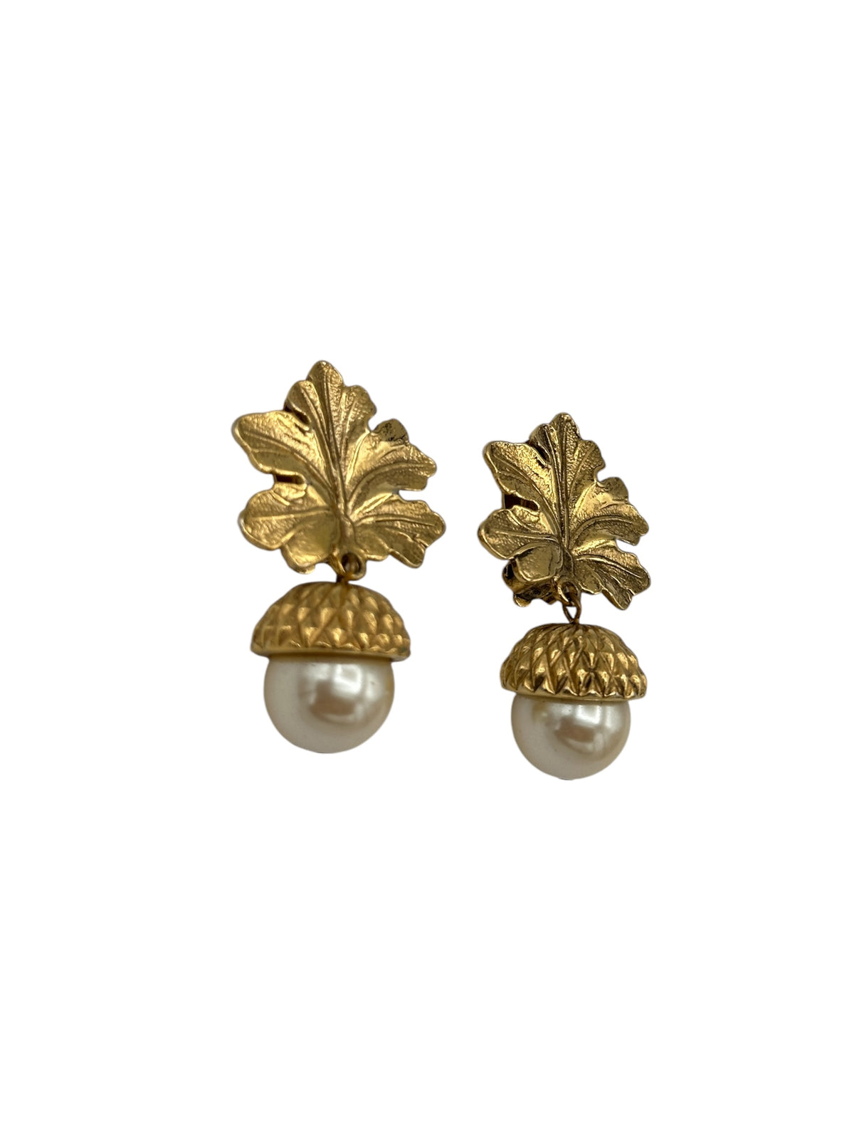 Carolee Gold Leaf & Pearl Bead Dangle Acorn Clip-On Statement Earrings