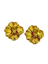 Golden Enamel Large Dogwood Flower Vintage Clip-On Earrings