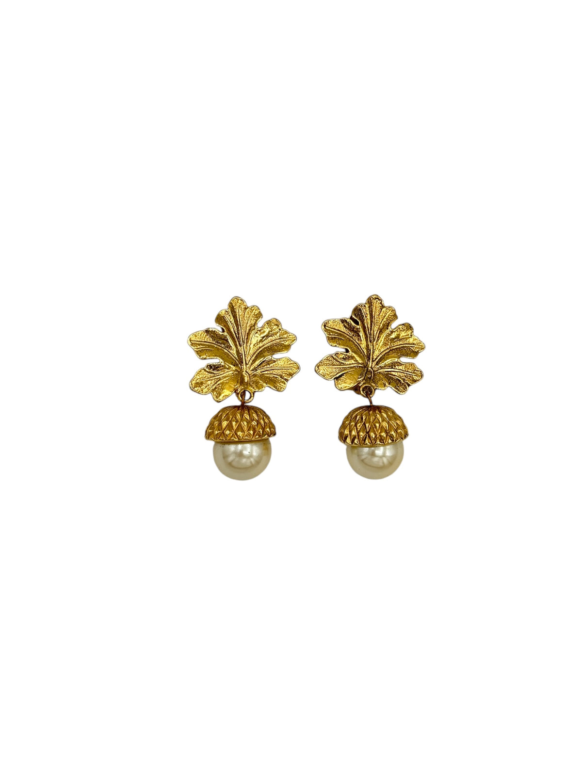 Carolee Gold Leaf & Pearl Bead Dangle Acorn Clip-On Statement Earrings