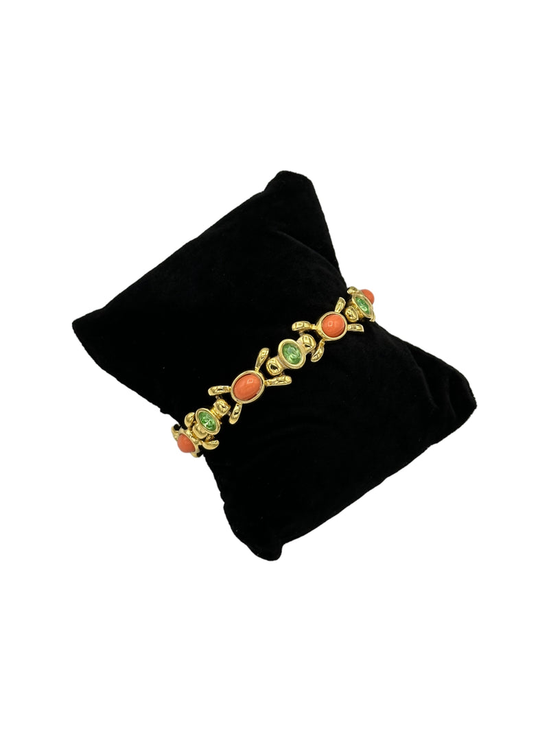 Joan Rivers Gold Coral Cabochon Green Rhinestone Vintage Stacking Bracelet