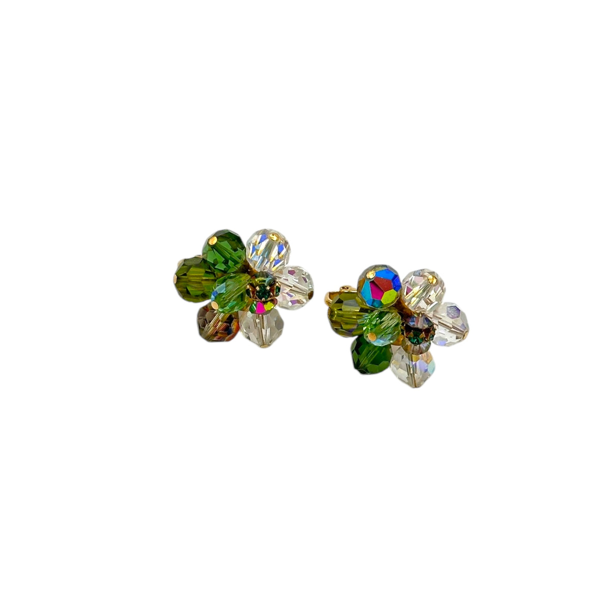 Vendome Green Faceted Crystal Cluster Vintage Clip-On Earrings