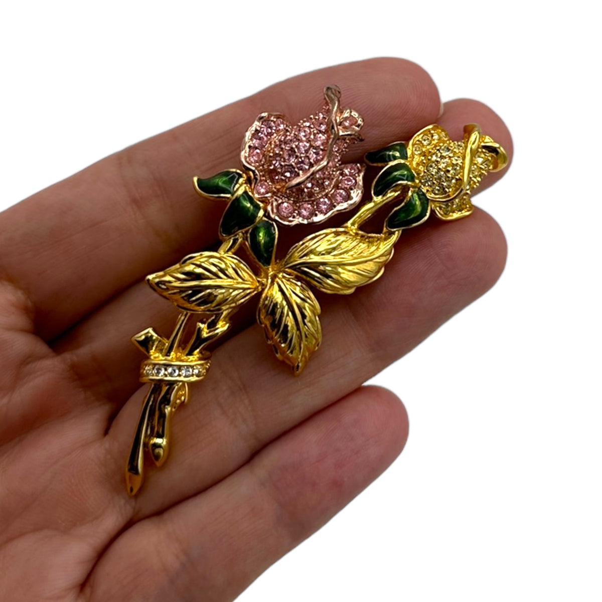 Nolan Miller Pink & Yellow Pave Rhinestone Rose Flower Brooch