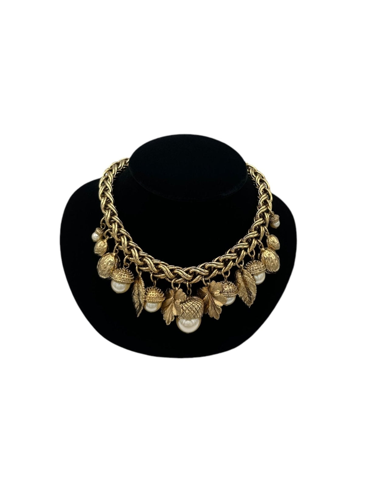 Statement Gold Leaf & Acorn Charm Necklace