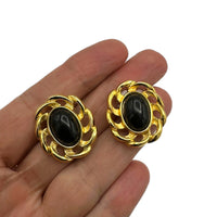 Monet Vintage Gold Jewelry Oval Black Cabochon Classic Pierced Earrings