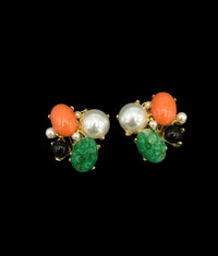 Kenneth Jay Lane KJL Gold Pearl Coral Jade Cluster Vintage Clip-On Earrings