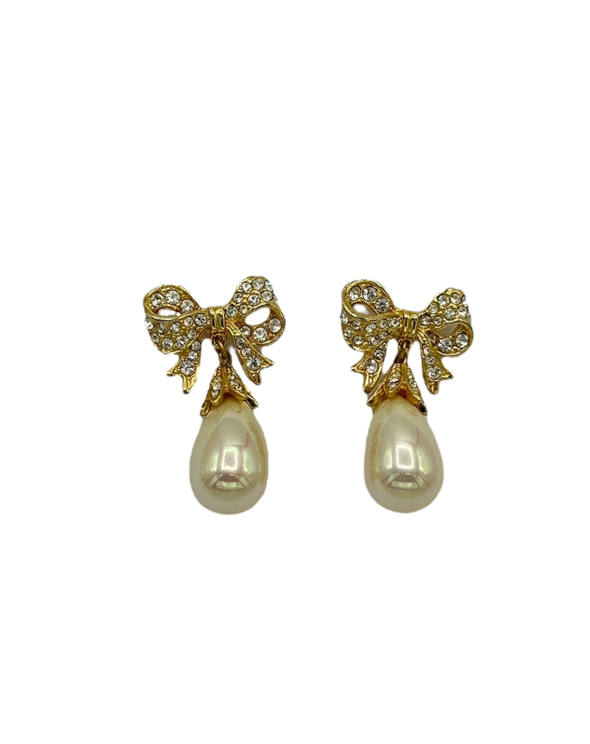 Pave Gold Bow Pearl Drop Vintage Pierced Earrings
