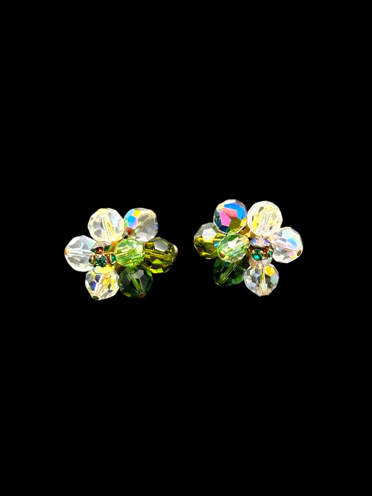 Vendome Green Faceted Crystal Cluster Vintage Clip-On Earrings