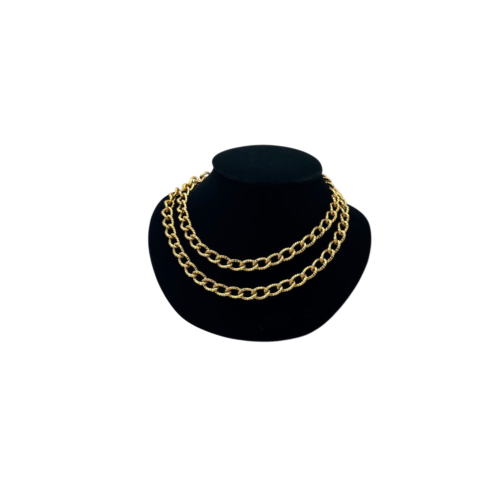 Erwin Pearl textured gold curb link vintage chain necklace double wrapped displayed black bust.