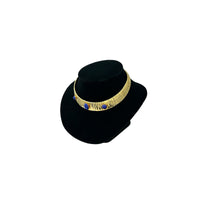 Vintage Gold Brass Choker with Blue Glass Cabochon Accents