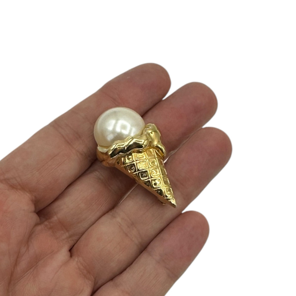 Marvella Gold Ice Cream Cone Brooch Petite Faux Pearl Pin