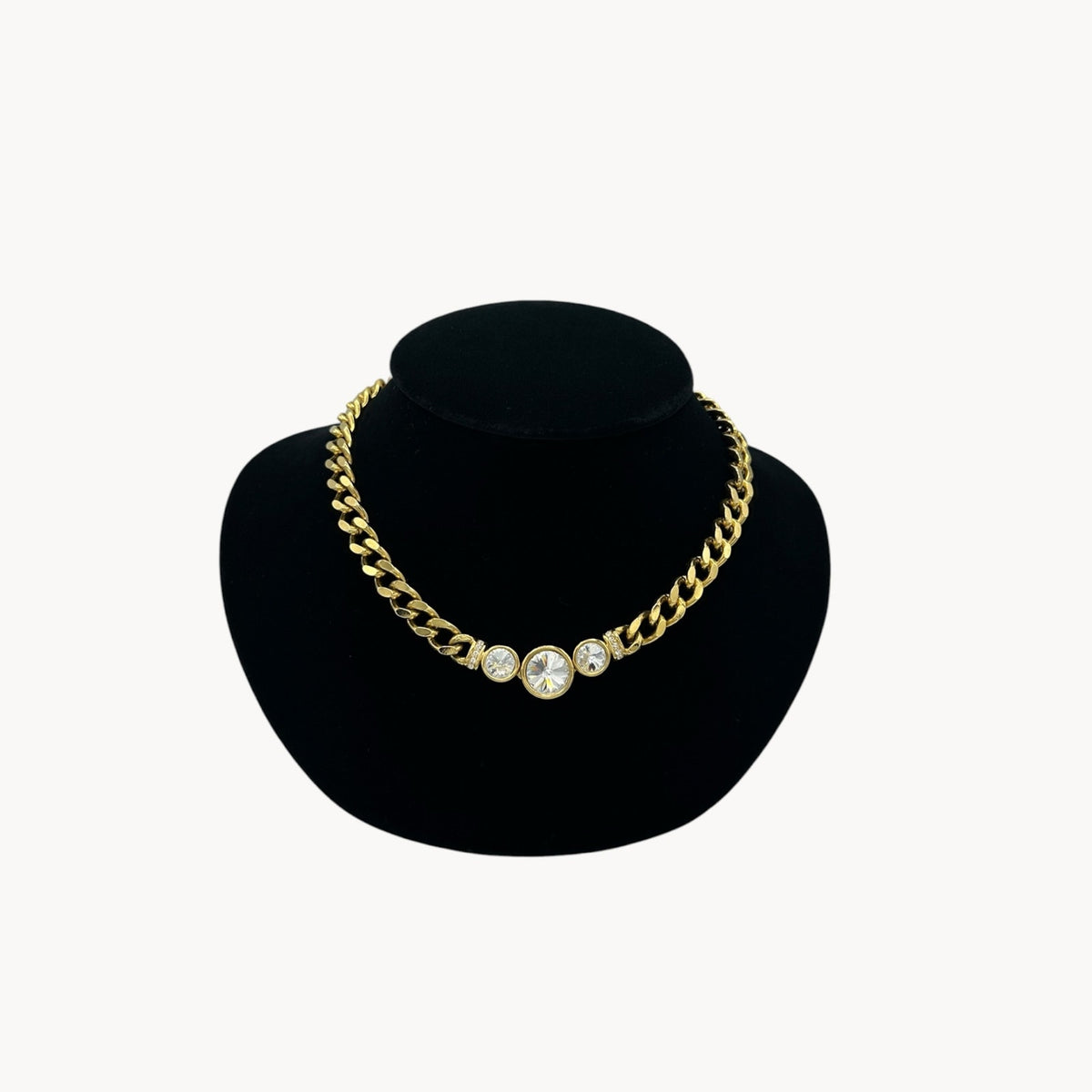 Vintage Gold Cuban Link Chain Necklace with Rhinestones