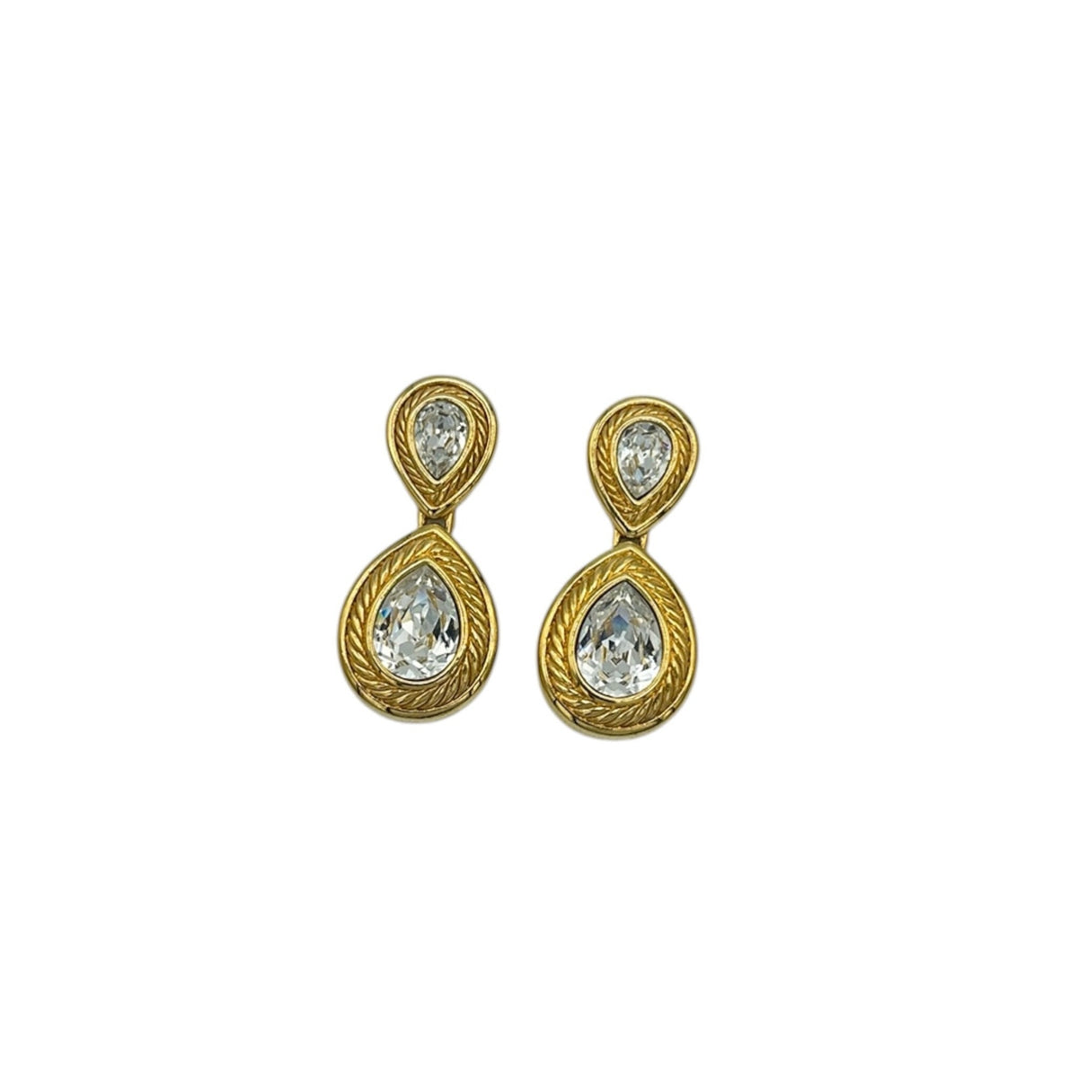 Swarovski Gold Teardrop Dangle Clear Crystal Pierced Earrings